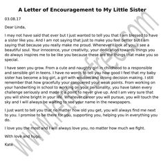 a letter to a little sister from her mother