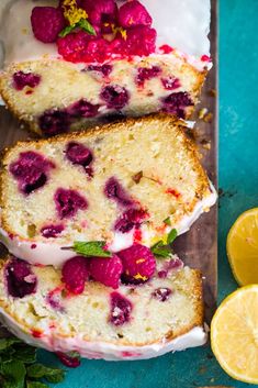 slices of lemon raspberry bread on a cutting board