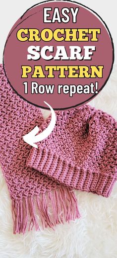 an easy crochet scarf pattern with text overlay that says easy crochet scarf pattern i row repeat