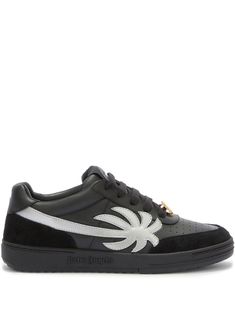 black leather palm tree motif logo-print tongue gold-tone logo plaque branded heel counter perforated detailing front lace-up fastening round toe flat sole Beach University, Palm Angels, Sneakers Black, Leather Sneakers, Palm Tree, Loafer Shoes, Palm Beach, Logo Print, Lace Front