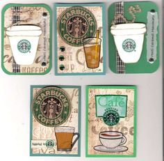 four starbucks coasters with coffee cups on them and the words cafe written in green