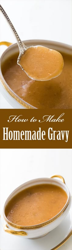 homemade gravy in a pan with spoon and title overlay that reads how to make homemade gravy