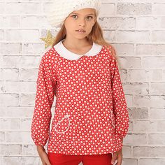 Christmas red blouse with white Peter Pan collar for girls Red Blouse, Christmas Red