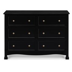 a black dresser with gold knobs on the top and bottom drawers, against a white background