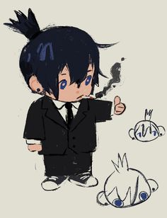 a drawing of a boy in a suit pointing at something with his finger and nose