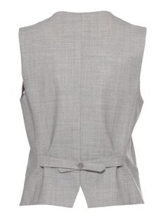 Elegant womens waistcoat with pleats. Classic buttoned closure, back strap with button for a more snug fit.Composition: 95% VIRGIN WOOL 5% ELASTANE | Parosh Women's Elegant s Vest in Grey | SS24 Elegant Fitted Vest With Button Closure, Elegant Tailored Button-up Vest, Elegant V-neck Vest With Pockets, Luxury V-neck Vest For Tailoring, Luxury V-neck Vest With Buttons, Womens Waistcoat, Full Look, Back Strap, Womens Vest