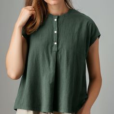 Introducing our fabulous collection of women's cotton linen shirts. Crafted from a delightful blend of cotton and linen, these shirts are not only stylish but also incredibly comfortable, perfect for any occasion. With a lightweight and breathable fabric, you'll stay cool and chic all day long. Choose from a variety of vibrant solid colors to suit your mood and style. Whether you're looking for a pop of color or a classic neutral, we've got you covered. NOTE: Hand Or Gentle Machine Wash In Cold Green Summer Tops For Casual Gatherings, Casual Green Summer Top, Summer Green Casual Tops, Green Casual Summer Top, Casual Cotton Blouse With Buttons, Cotton Button Blouse For Casual Gatherings, Cotton Blouse With Buttons For Casual Gatherings, Solid Linen Tops For Work, Solid Linen Top For Work