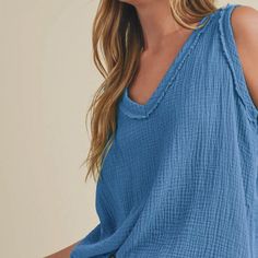 The Blair Tank Is Designed In Our Favorite Cotton Gauze, V-Neckline, And Raw Edge Detailing Throughout For Cooler Days And Nights. New Size Small Chic Blue V-neck Top For Summer, Chic Blue V-neck Top For Spring, Blue V-neck Top For Vacation, Spring Washed Blue V-neck Top, Blue V-neck Tops For The Beach, Blue V-neck Top For Beach, Blue V-neck Beach Tops, Orange Tank Top, Lululemon Tank Top