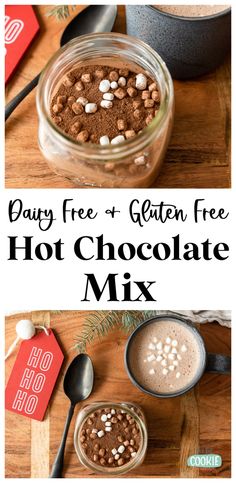 hot chocolate mix in a glass jar with spoons on the side and text overlay that reads, dairy free gluten free hot chocolate mix