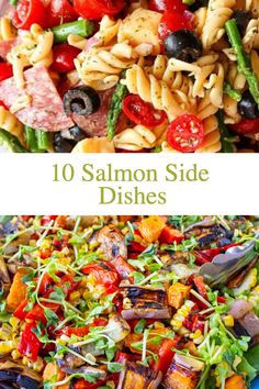 different salads with the title saying 10 salmon side dishes on top, and an image of