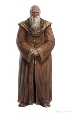 a statue of an old man with a long beard and wearing a brown robe, standing in