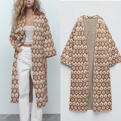 Brand New With Tags. Oversized Fit. Size Small. Beige Jacquard Knit Long Sleeve Outerwear, Oversized Printed Winter Outerwear, Casual Beige Jacquard Knit Outerwear, Beige Jacquard Knit Casual Outerwear, Winter Long Sleeve Kimono With Pockets, Casual Jacquard Knit Outerwear For Spring, Oversized Printed Spring Outerwear, Oversized Printed Outerwear For Spring, Patterned Open Front Outerwear For Spring