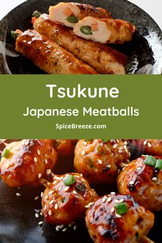 japanese meatballs on a black plate with sesame seeds