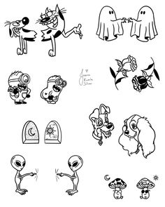 various cartoon characters drawn in black and white