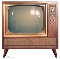 an old fashioned television set sitting on top of a wooden stand in front of a white background