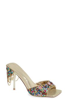 Drapey chains and colorful embellishments enhance the luxe style of this metallic stiletto sandal ready to dazzle at your next special occasion. 4" heel Synthetic upper, lining and sole Imported Asian & Pacific Islander Owned/Founded Glamorous Multicolor Heels For Formal Occasions, Luxury Multicolor Sandals For Party, Glamorous Multicolor Sandals For Party, Luxury Multicolor Party Sandals, Multicolor Glamorous Formal Heels, Evening Multicolor Embellished Sandals, Glamorous Multicolor Formal Heels, Multicolor Embellished Evening Sandals, Embellished Multicolor Evening Sandals