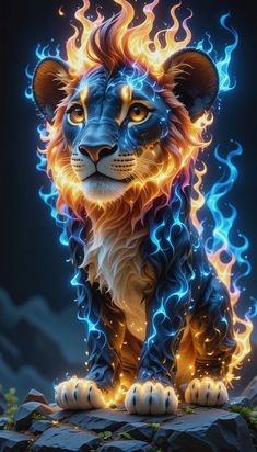 A majestic baby lion entirely made of vivid blue flames. Every detail of its body, from its fur to its face, is formed of swirling, vibrant flames, creating a creature that exudes both power and otherworldly energy. Its eyes glow with an intense white light, piercing through the fiery form. The lion stands proudly on a dark rocky outcrop, its flaming body casting a mystical glow across the surroundings. The background is a dark, mystical atmosphere, with tendrils of smoke and glowing embers floating in the air, enhancing its divine and enigmatic presence. Body Casting, Fire Lion, Glowing Embers, Floating In The Air, Body Cast, Wildest Fantasy, Spirit Animal Art, Baby Lion, Egyptian Goddess