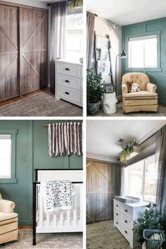 four pictures of different rooms with furniture and decor in them, including a baby's crib