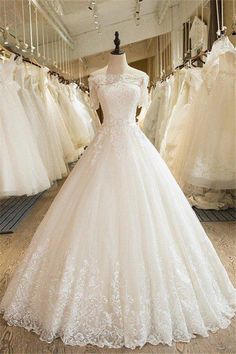 Floor Length Applique Ball Gown Off the Shoulder Lace Tulle 1/2 Sleeves Wedding Dresses-Ballbella Wedding Dress Tea Length, Ivory Bridal Gown, Princess Wedding Dress, Stunning Wedding Dresses, Ivory Bridal, Sleeve Wedding Dress, Princess Wedding Dresses, Tulle Wedding