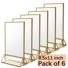 four gold metal and glass display stands with mirrors on each side, 8 x 11 inches pack of 6