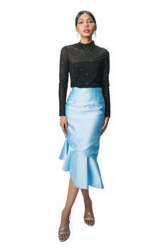 An exquisite piece for the modern woman, the Emilia Skirt radiates with a classic style. Defy the traditional norms with its irregular-designed pencil cut and make a statement on days where you want to express both your bold personality and savvy business sense. Available in Black, Beige, Blush, Ice Blue & Navy, the Emilia Skirt is a versatile piece that can be dressed up or down. Available in Black, Beige, Blush, Ice Blue & Navy Features a ruffled design and an irregular cut for that extra bit Spring Party Midi Draped Skirt, Chic Draped Pencil Skirt For Party, Spring Evening Stretch Pencil Skirt, Fitted Knee-length Draped Skirt For Spring, Spring Party Draped Stretch Skirt, Spring Party Stretch Draped Skirt, Elegant Draped Pencil Skirt For Party, Stretch Draped Skirt For Spring Party, Fitted Asymmetrical Party Skirt