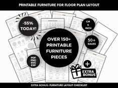 the printable furniture for floor plan layout is shown in black and white with text