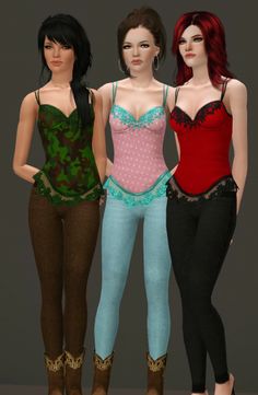 three women are standing next to each other in tight pants and bra tops with laces on them