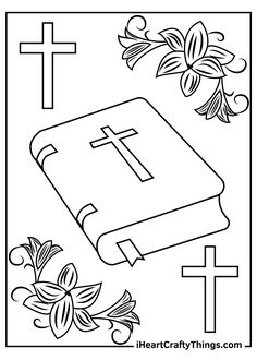 a coloring book with the cross and flowers on it, as well as an image of a