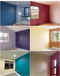 four different colors of paint in an empty room