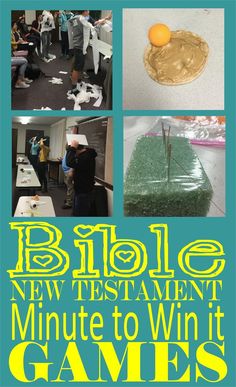 the cover of bible new testament minute to win it games, with pictures of people and food