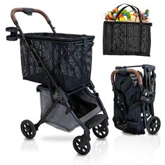 a stroller and shopping bag are shown in this image