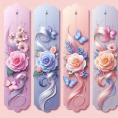 four colorful bookmarks with flowers and butterflies on the front, two are pink, one is blue