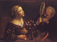 a painting of a man looking at a woman holding a magnifying glass with flowers in it