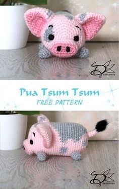 two pictures of small crocheted pigs on a table next to a potted plant