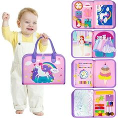 a baby holding onto a pink bag with pictures on it