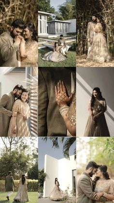 a couple is posing for pictures in their wedding outfits