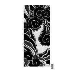 an abstract black and white painting with swirls on it's sides, in the middle