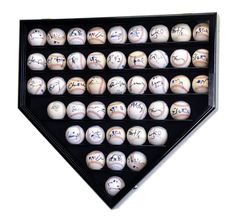 a baseball display case filled with lots of baseballs and autographed on it