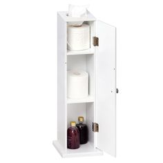 a white cabinet with two rolls of toilet paper