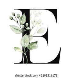 the letter e is made up of leaves and flowers on a white background with black letters