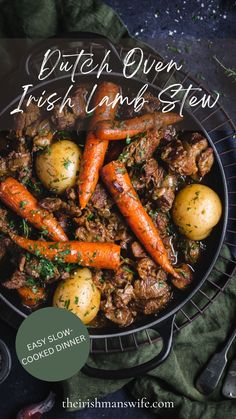 irish lamb stew with potatoes and carrots in a skillet