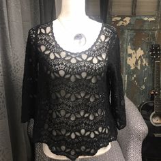 Beautiful Magnificent Black Lace Top, Can Be Worn Over A Bathing Suit Top, Or Tank, Three-Quarter Sleeves , Scoop-Neck, Size 10. Designer Is “Divided”Nwot!!!! Fitted Black V-neck Crochet Top, Fitted Black Crochet V-neck Top, Black Lace Top, Bathing Suit Top, Black Lace Tops, Three Quarter Sleeves, Three Quarter, Bathing Suit, Black Lace