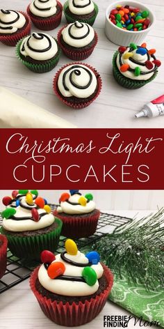 christmas light cupcakes with white frosting and candy on top