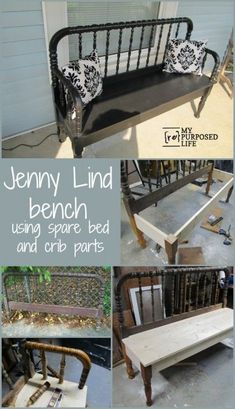 a bench made out of an old bed frame and some other things to make it look like