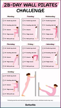 the 28 day wall pilates challenge is shown in pink and white, with instructions for