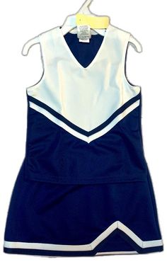 Collegiate Blue Tops For Cheerleading, Fitted Sleeveless Tops For Cheerleading, Sporty Blue Tops For Cheerleading, White Stretch School Spirit Top, White Stretch Tops For School Spirit, Sporty Sleeveless Top For School, Sporty Stretch Tops For School, Blue Tops For Cheerleading With School Spirit Style, White Sporty Top For Cheerleading