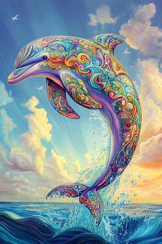 a painting of a dolphin jumping out of the water in front of a sunset sky