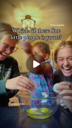 two women and a child are smiling while mixing something in a bowl with the words which of these fine little people is yours?