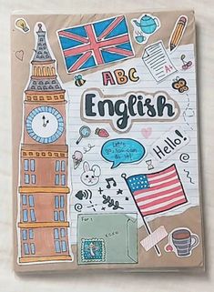 an english textbook with pictures of the british flag and other things on it's cover