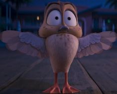 an animated bird with its wings spread and eyes wide open, standing on a wooden deck